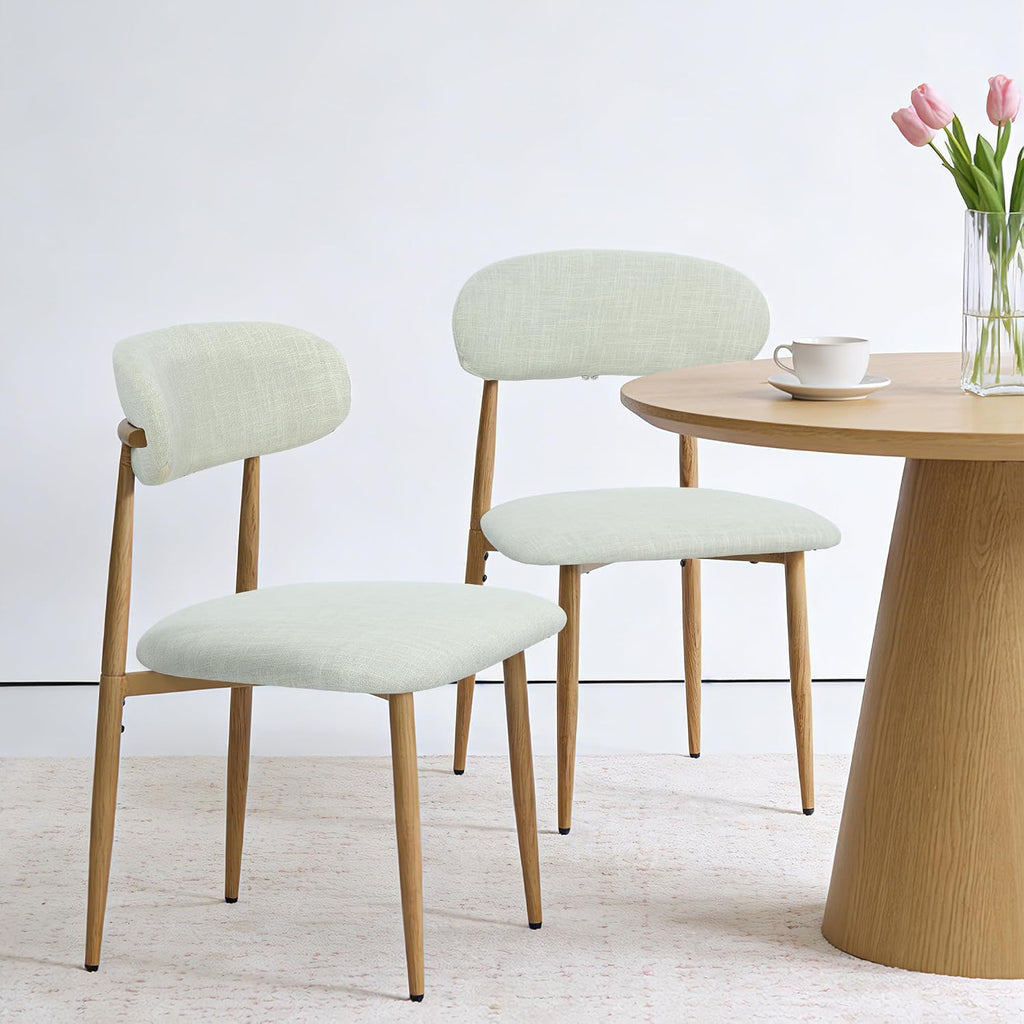 FREKEN Modern Upholstered Dining Chairs Set of 2, Mid-Century Metal Frame with Wood Grain, Linen Fabric Side Chair for Kitchen Dining Room, 350lbs Capacity, Beige