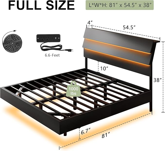 Feonase Floating Bed Frame Full with Led Lights and Charging Station, Wood Full Size Bed Frame with Storage Headboard, Heavy Duty Metal Slats, No Box Spring Needed, Easy Assembly, Noise-Free, Black