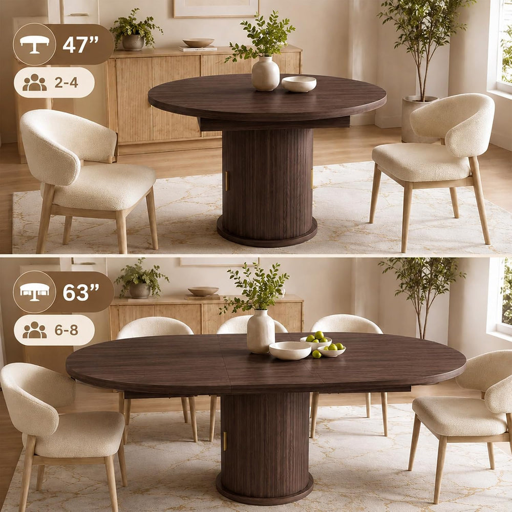 47 63" Extendable Round Wooden Dining Kitchen Table | 4-8 Seat Height Ad...