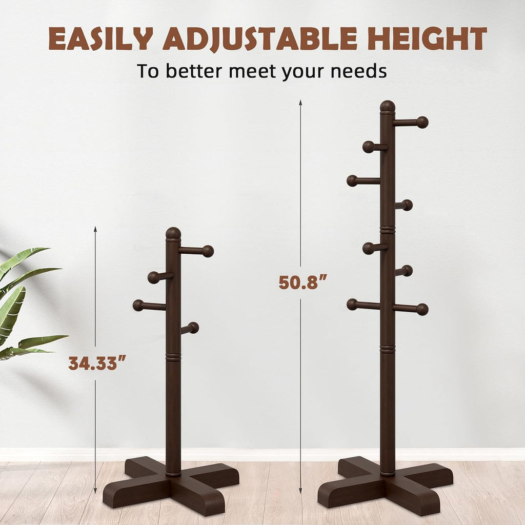 Coat Rack, Freestanding Coat Racks with 8 Hooks 2 Adjustable Height, Tree Coat Rack for Bedroom, Hallway, Entrance, Office, Hats, Handbags,Purse (Brown)