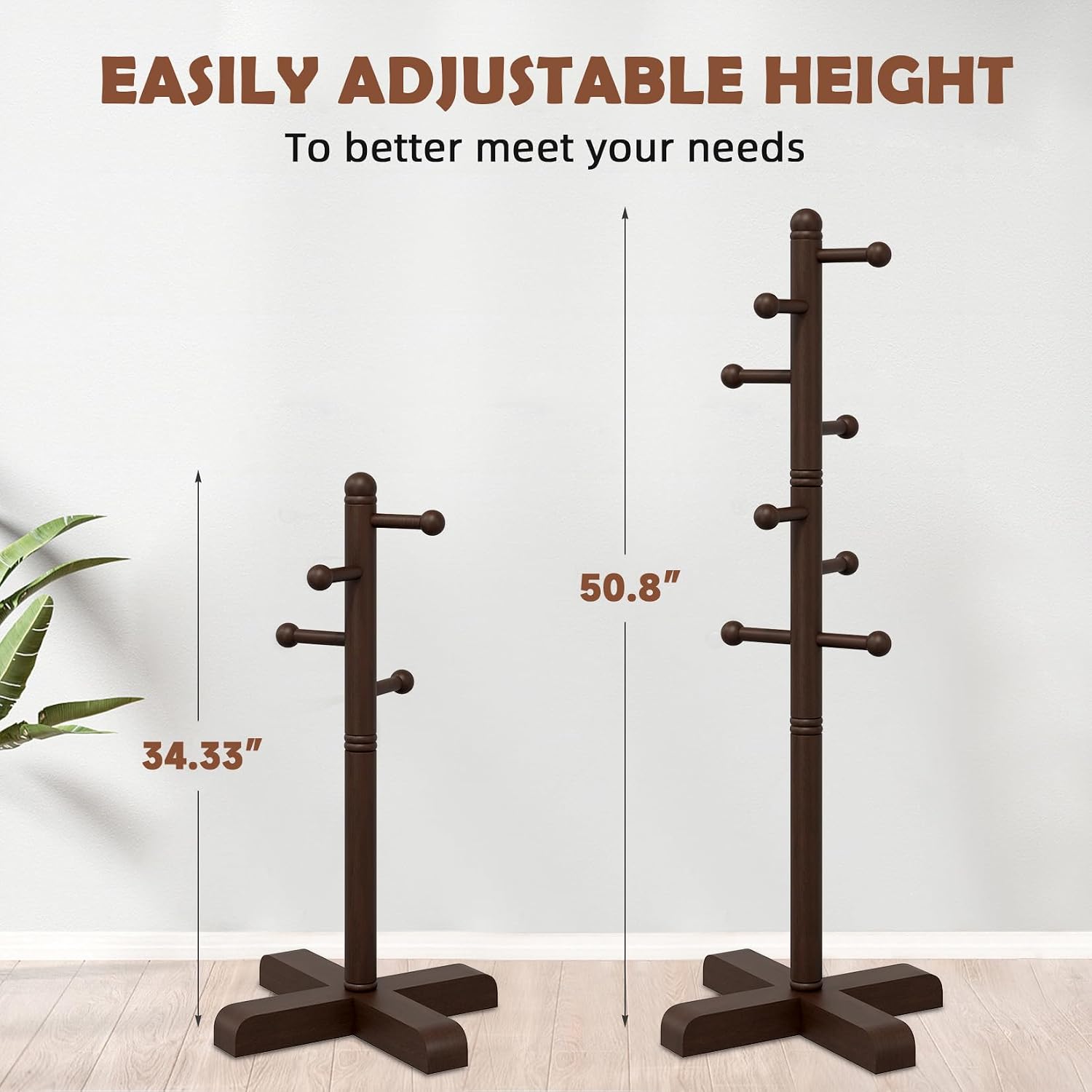 Coat Rack, Freestanding Coat Racks with 8 Hooks 2 Adjustable Height, Tree Coat Rack for Bedroom, Hallway, Entrance, Office, Hats, Handbags,Purse (Brown)