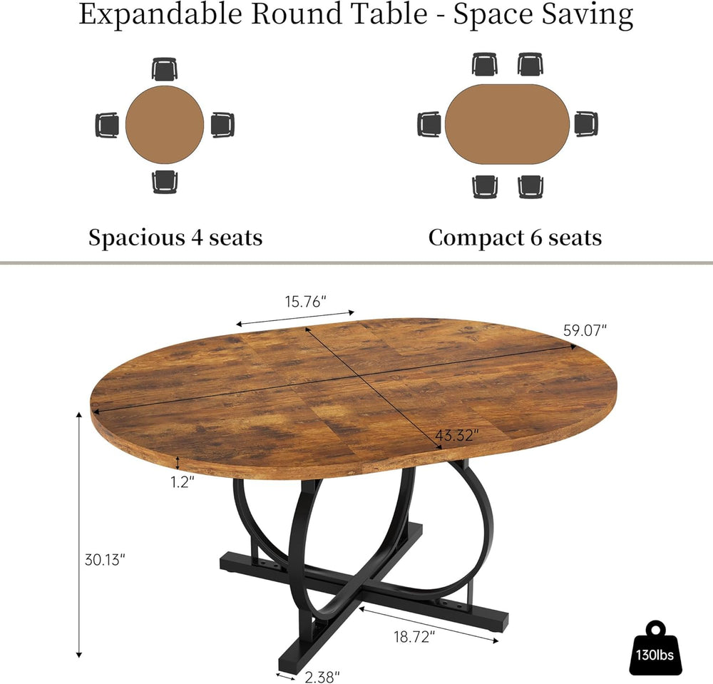 HIPIHOM 43.3"-59" Extendable Round Dining Table for 4-6 People, Mod...