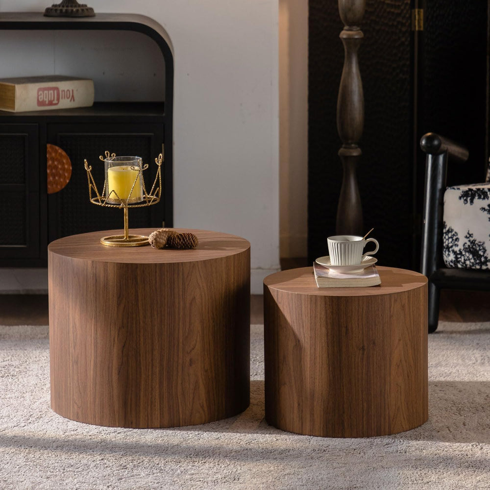 Nesting Coffee Table Set of 2, Wood Round Coffee Table, Modern Coffee Table f...