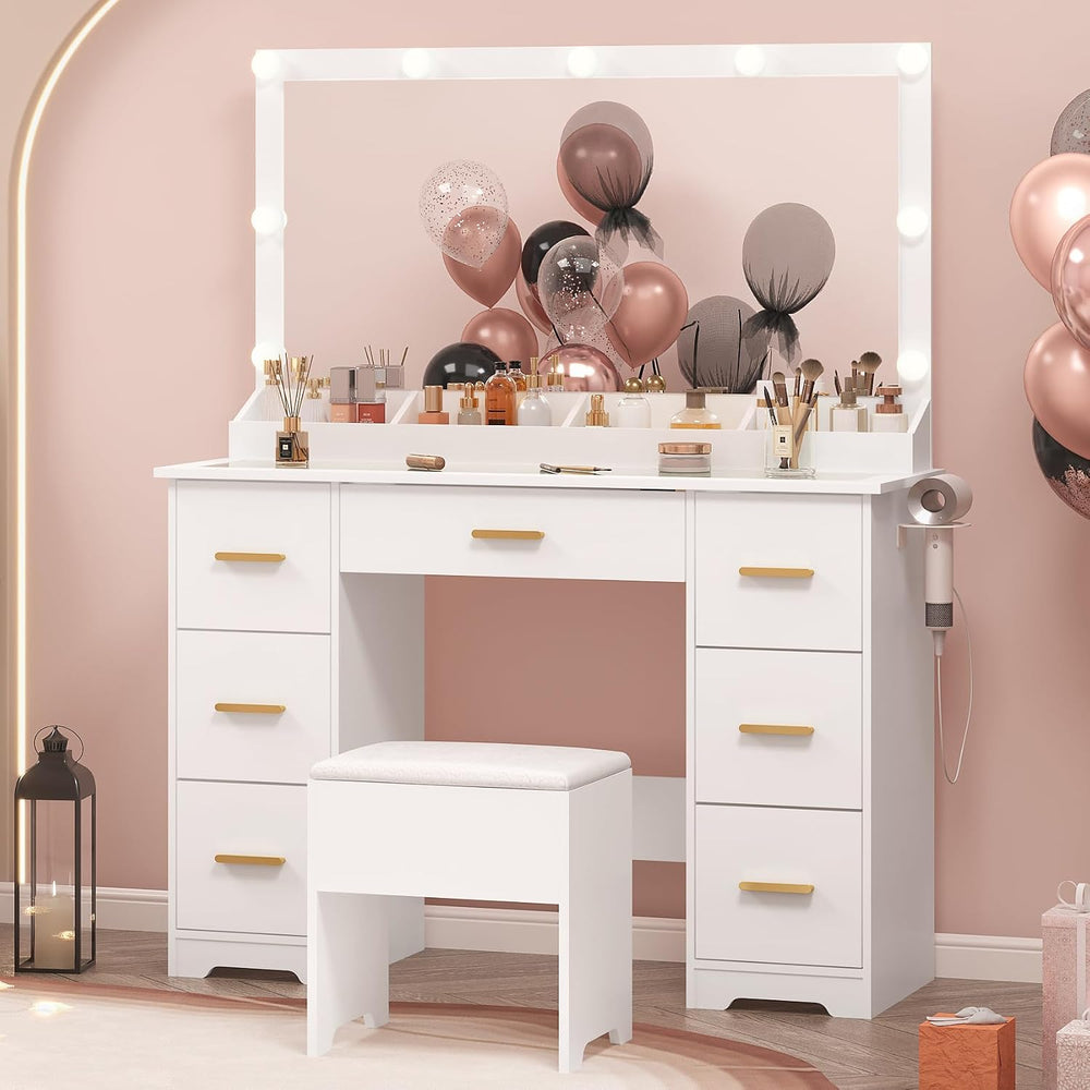 44" Vanity Desk with Chair and Glass Top, Vanity Table with 7 Drawers