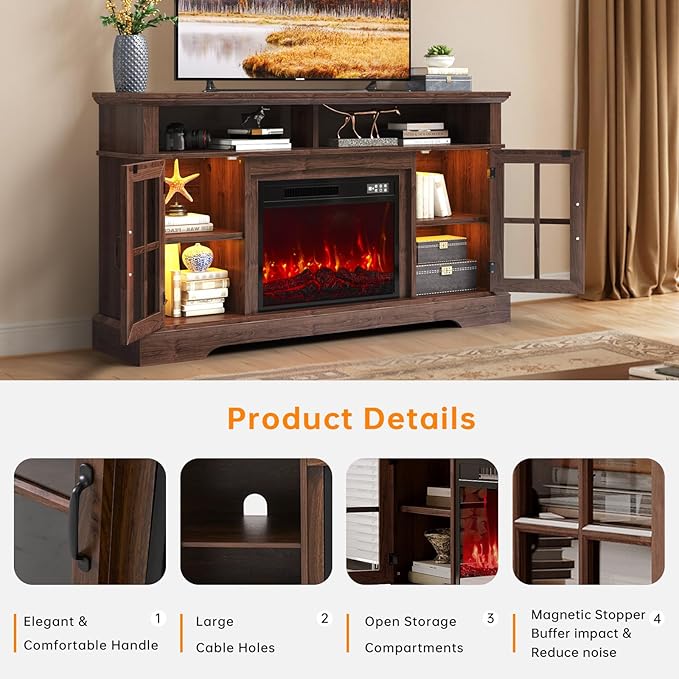 58" TV Stand with Electric Fireplace, Modern Entertainment Center for TVs Up to 80 Inches, Farmhouse Media Console with Storage Cabinets & Doors for Living Room, Brown and Black