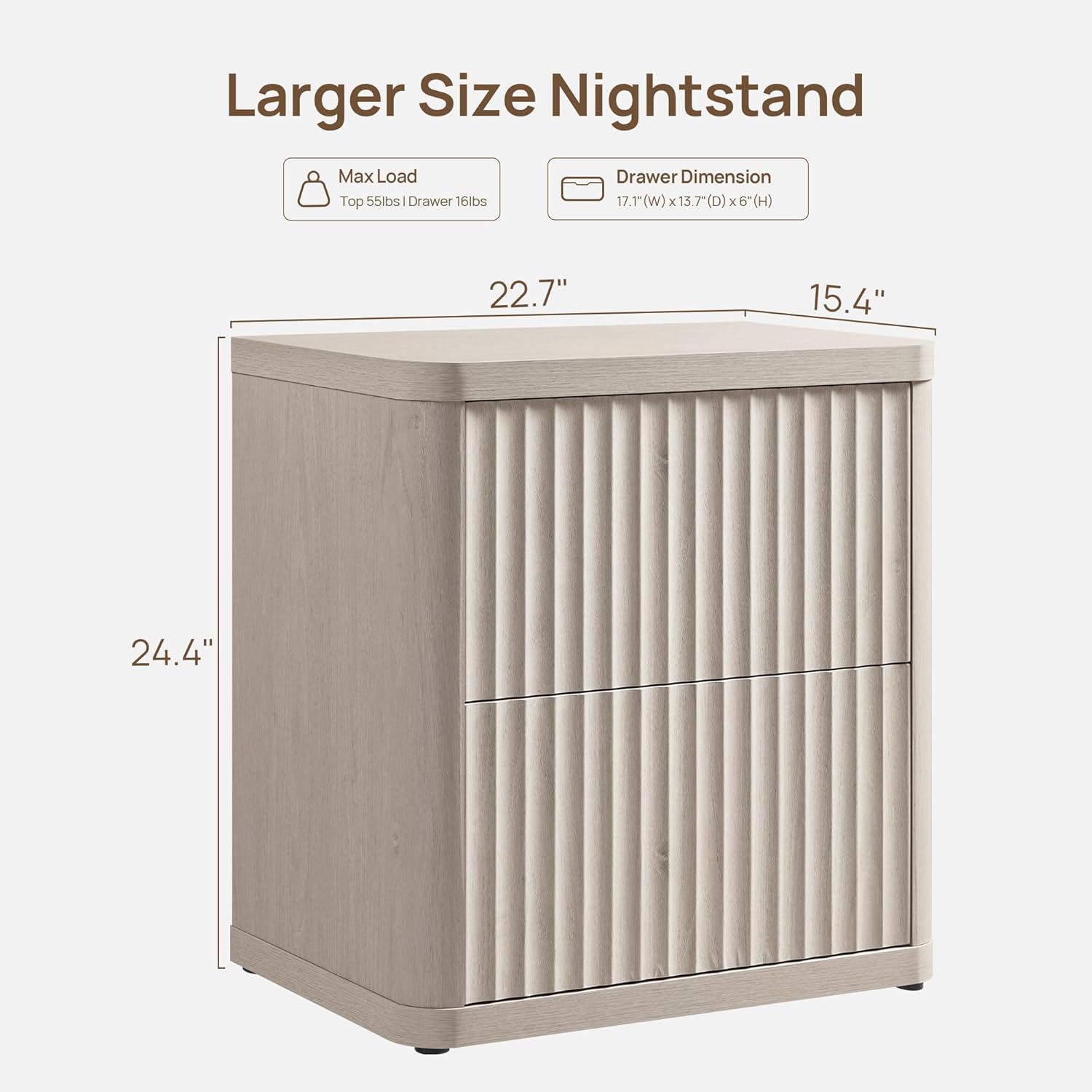 SICOTAS Night Stand Nightstand with 2 Drawers Storage Bedside Table Large Fluted Bed Side End Table Modern 24.4" Tall Wide Night Stands for Bedroom Living Room Sofa Couch Home Office, White Alder
