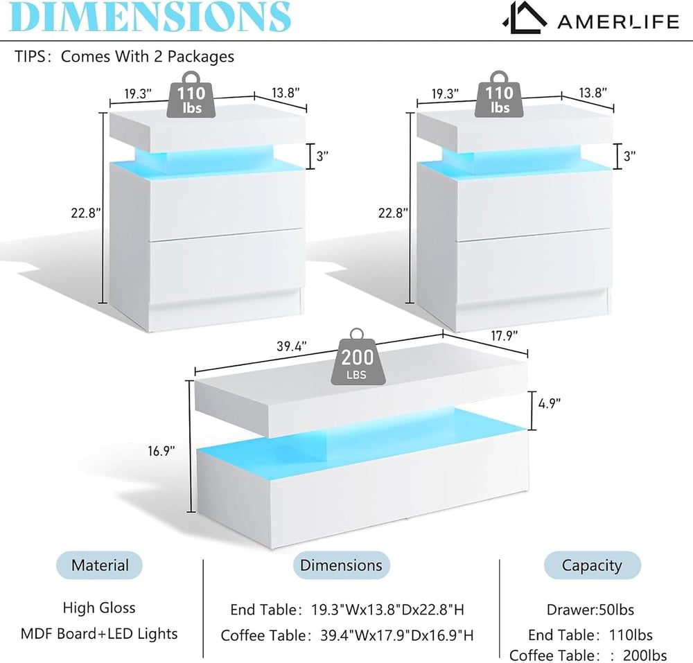 AMERLIFE 3-Piece High Gloss Coffee Table Set with LED Lights | Bedside Nights...