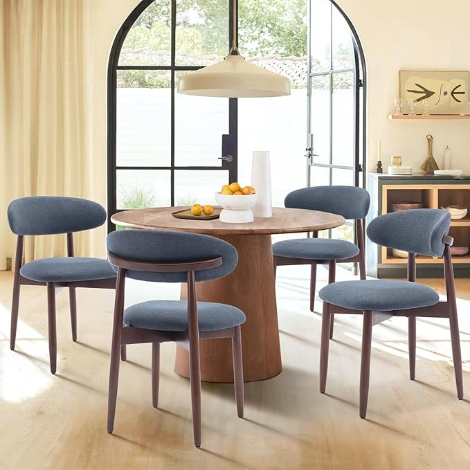COLAMY Wooden Dining Room Chairs Set of 6, Modern Upholstered Fabric Dining Chairs, Farmhouse Kitchen Side Chair with Foot Pegs, Blue