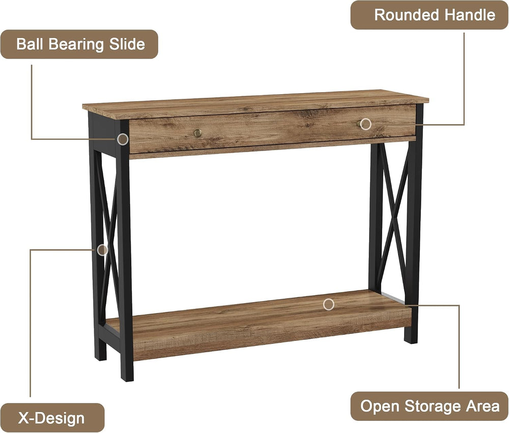 Treocho 40" Farmhouse Console Table with Drawer and Storage Shelves | En...