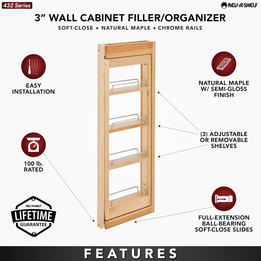 Rev-A-Shelf Kitchen Cabinet Pullout Wall Filler Wooden Organizer Slide Out Pantry Storage w/Soft-Close in Multiple Sizes, 3 x 33 In, 432-WFBBSC33-3C