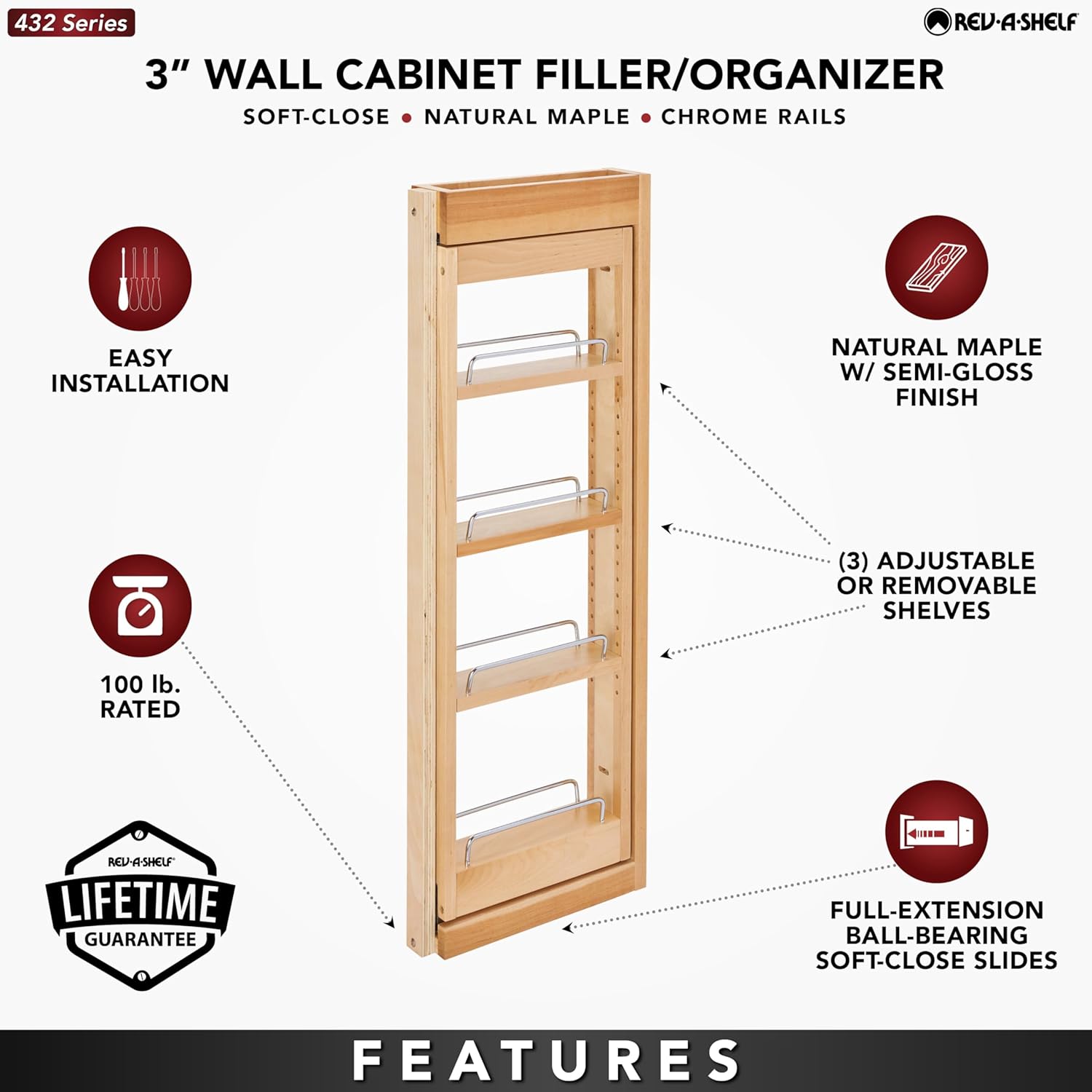 Rev-A-Shelf Kitchen Cabinet Pullout Wall Filler Wooden Organizer Slide Out Pantry Storage w/Soft-Close in Multiple Sizes, 3 x 33 In, 432-WFBBSC33-3C