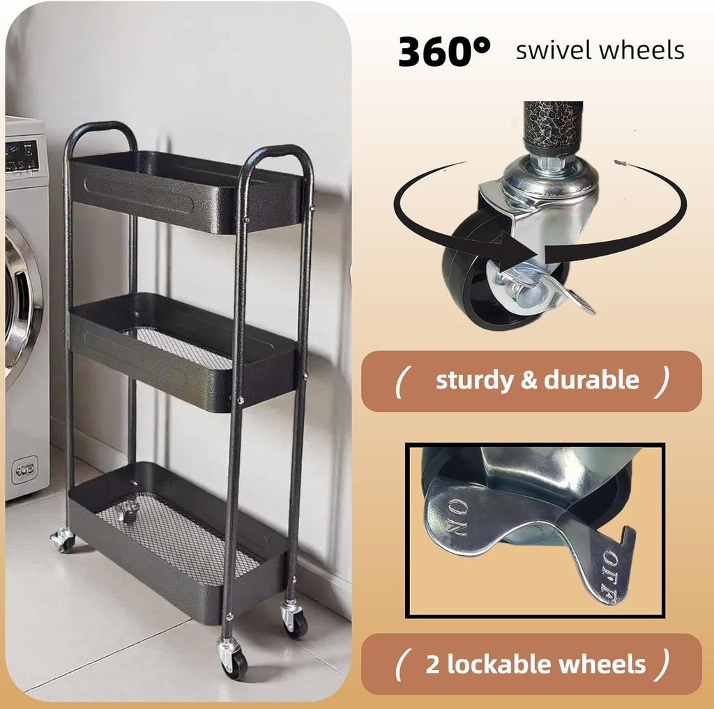 3 Tier Slim Metal Rolling Storage Cart for Laundry Room & Kitchen Organizer, 7.1'' Thin Standing Shelf for Narrow Spaces, Utility Cart with Wheels & Lockable Casters for Bathroom, Black