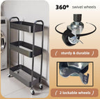 3 Tier Slim Metal Rolling Storage Cart for Laundry Room & Kitchen Organizer, 7.1'' Thin Standing Shelf for Narrow Spaces, Utility Cart with Wheels & Lockable Casters for Bathroom, Black