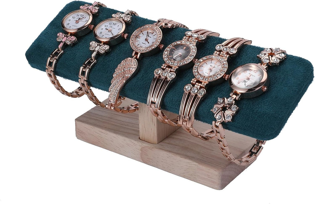 Wooden Watches Display Tower Base Watch Neck Bracelet Organizer Rack Bangle Scrunchie Headband Showcase Tower Dark Green Suede