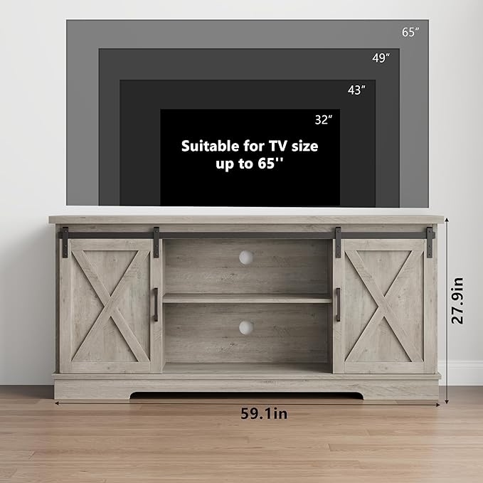 IDEALHOUSE Farmhouse Tv Stand for 65 inch TVs, Entertainment Center with Sliding Barn Doors and Adjustable Shelf, Modern Storage Media TV Console TV Stand Table for Living Room, Bedroom, Grey