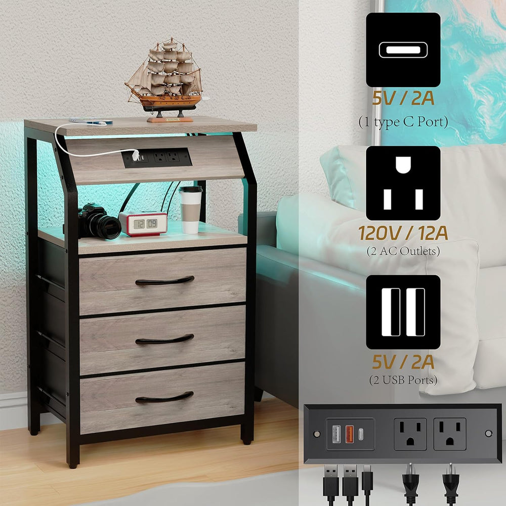SZLHANJZ End Table with 3 Drawers, Night Stand with Charger Station and LED L...