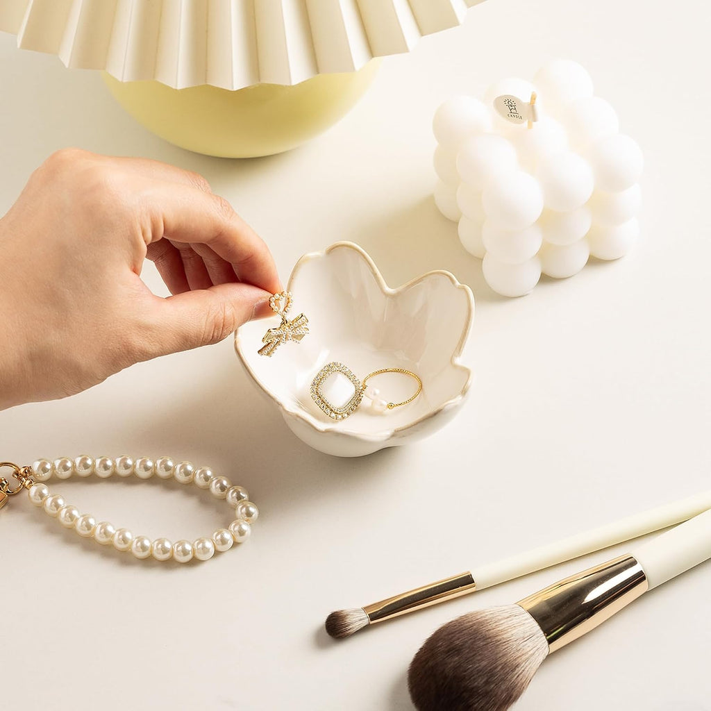 Flower Ring Holder Dish, Ceramic Jewelry Tray, Small Trinket Dish | Jewelry plate bowl works as a cute ring holder dish, adding aesthetic room decor and Christmas birthday gifts for women.