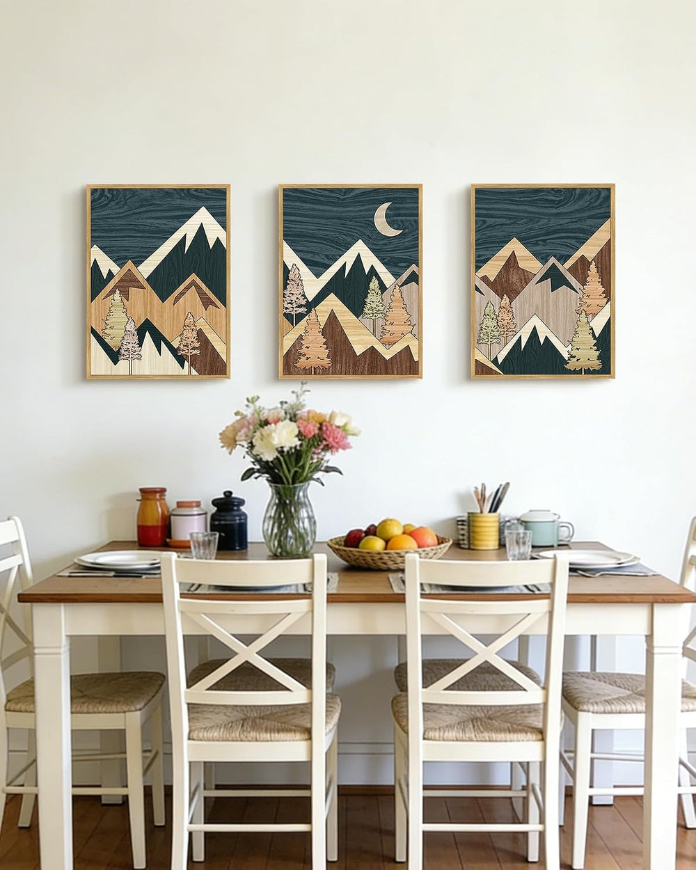 PHOPAGO Morden Mountains Framed Wall Art Boho Woodcut Pine Tree Forest Nature...
