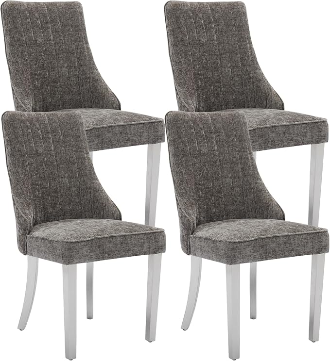 Dining Chairs Set of 4，Modern Channel Tufted Upholstered Dining Chairs with Silver Stainless Steel Legs, Comfortable Chenille Fabric Kitchen Chairs for Dining Room (Grey, 4pc)