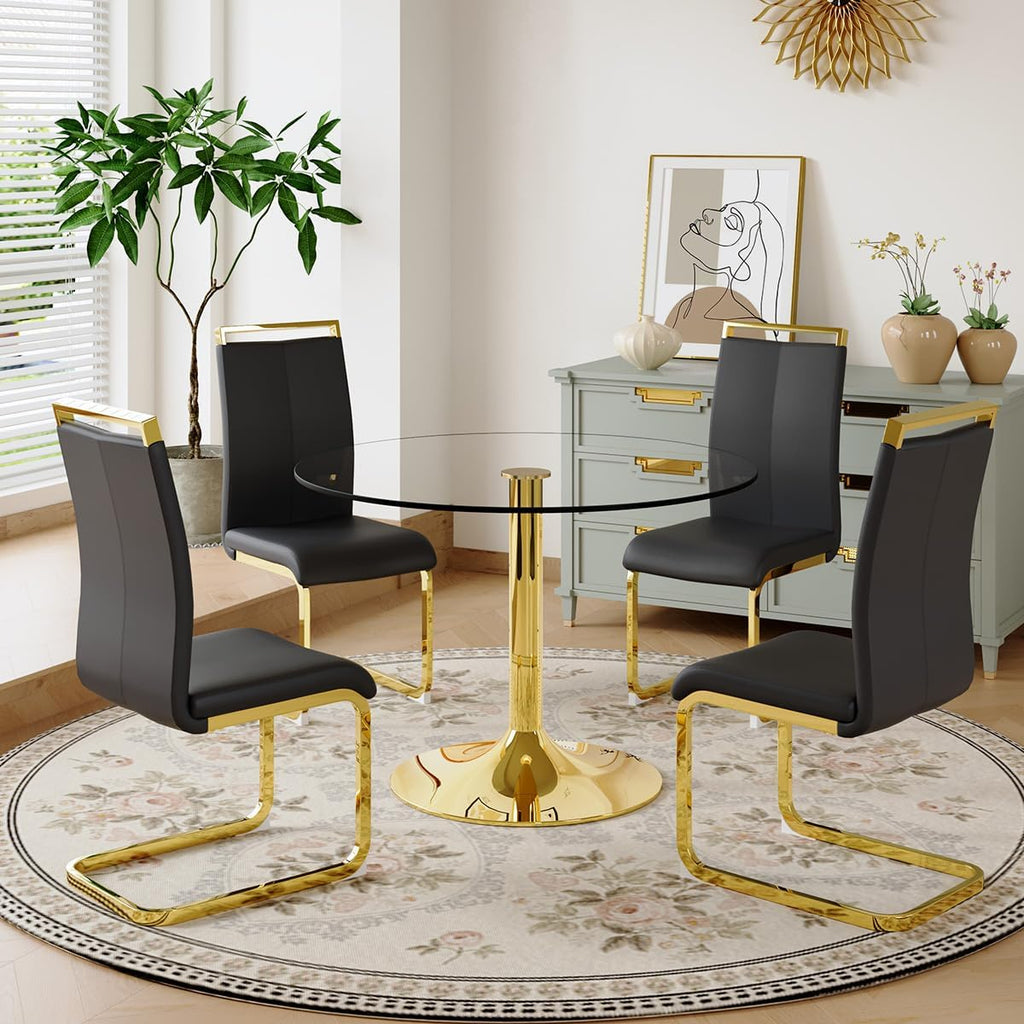 35'' Round Dining Table Set for 4, Glass Kitchen Table Chairs Set of 4, Small Dining Table with Golden Electroplated Metal Leg and Base, 4 PU Dining Chairs with Metal Legs, for Kitchen, Dining Room.
