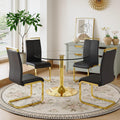 35'' Round Dining Table Set for 4, Glass Kitchen Table Chairs Set of 4, Small Dining Table with Golden Electroplated Metal Leg and Base, 4 PU Dining Chairs with Metal Legs, for Kitchen, Dining Room.