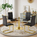 35'' Round Dining Table Set for 4, Glass Kitchen Table Chairs Set of 4, Small Dining Table with Golden Electroplated Metal Leg and Base, 4 PU Dining Chairs with Metal Legs, for Kitchen, Dining Room.