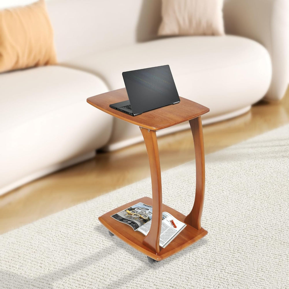 Solid Wood End Table with Rolling Wheels, C Shaped Side Table, TV Tray Table ...
