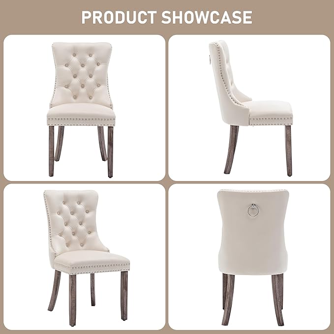 Mid Century Modern Dining Chair Set of 4 Velvet Upholstered Dining Accent Chair Farmhouse Dining Chairs with High Back and Nailhead Trim for Kitchen, Living Room, Bedroom (Beige)