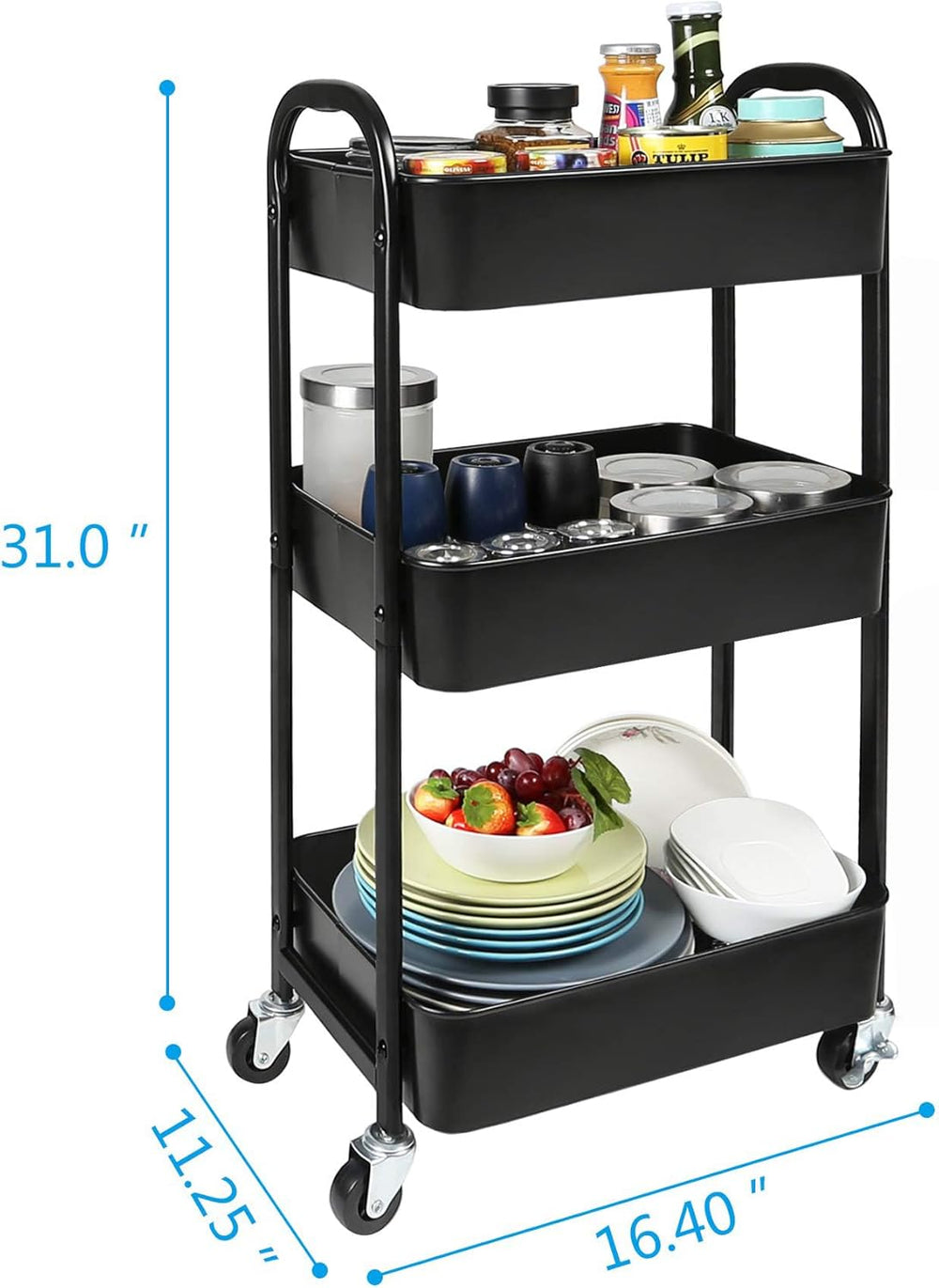 3-Tier Rolling Utility Cart with Caster Wheels,Easy Assembly, for Kitchen, Ba...