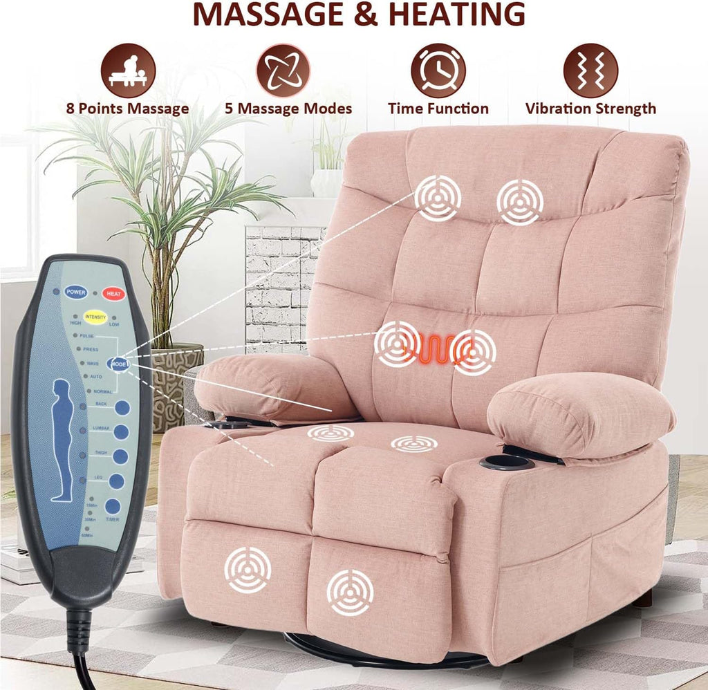 KCQ Overstuffed Swivel Rocker Recliner Chair with Massage and Heat, Fabric Heated Reclining Chairs Manual Recliner with Cup Holder, Pink Nursery Rocking Recliner Glider Chair