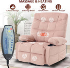 KCQ Overstuffed Swivel Rocker Recliner Chair with Massage and Heat, Fabric Heated Reclining Chairs Manual Recliner with Cup Holder, Pink Nursery Rocking Recliner Glider Chair