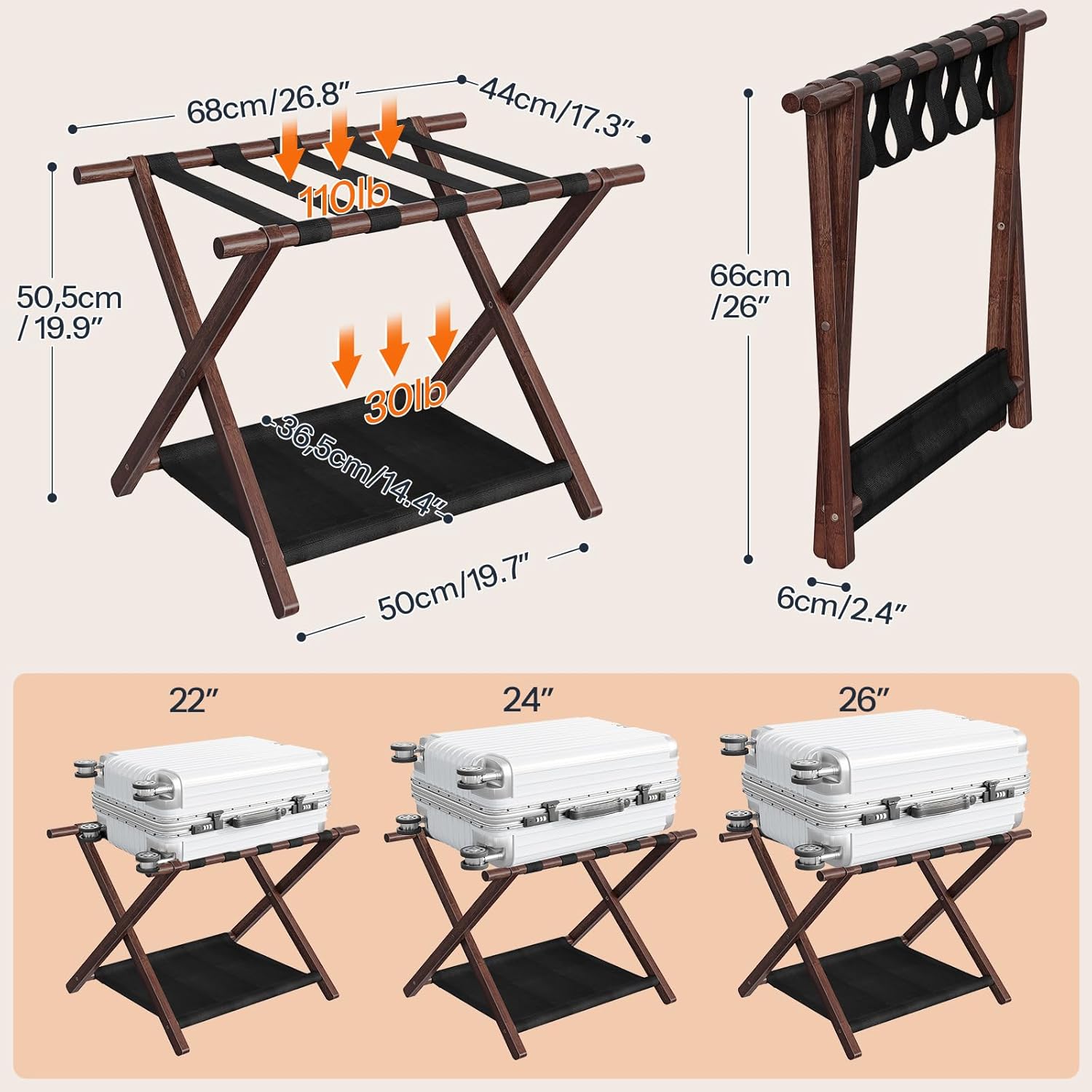 HOOBRO Luggage Rack, Folding Luggage Holder, Bamboo Suitcase Stand, with Fabric Storage Shelf, Suitcase Holder for Guest Room, Hotel, Bedroom, Brown and Black BR20XL01