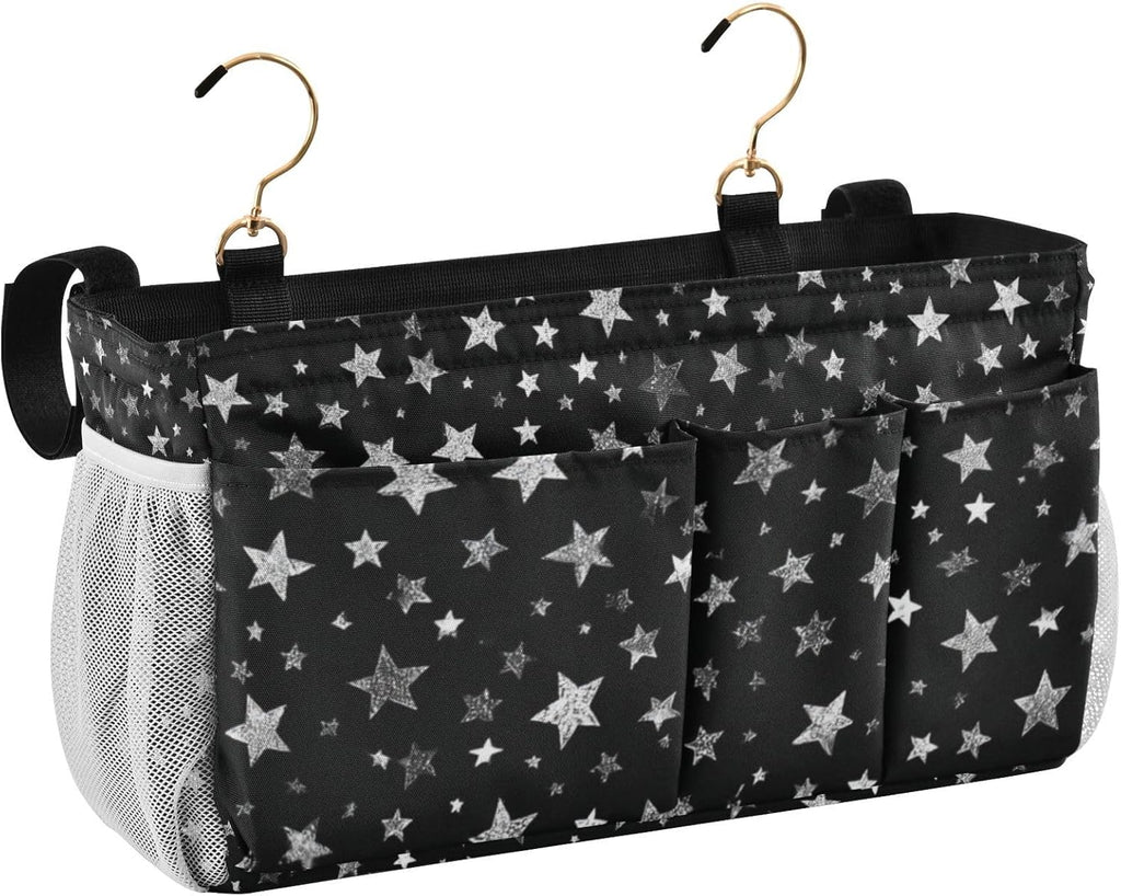 Sparkly Silver Stars Bedside Caddy for Dorm Bed Bedside Hanging Caddy Bag Iron Frame Storage Organizer Pocket for Bunk Home College Hospital Beds 2 Hooks