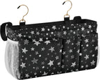 Sparkly Silver Stars Bedside Caddy for Dorm Bed Bedside Hanging Caddy Bag Iron Frame Storage Organizer Pocket for Bunk Home College Hospital Beds 2 Hooks