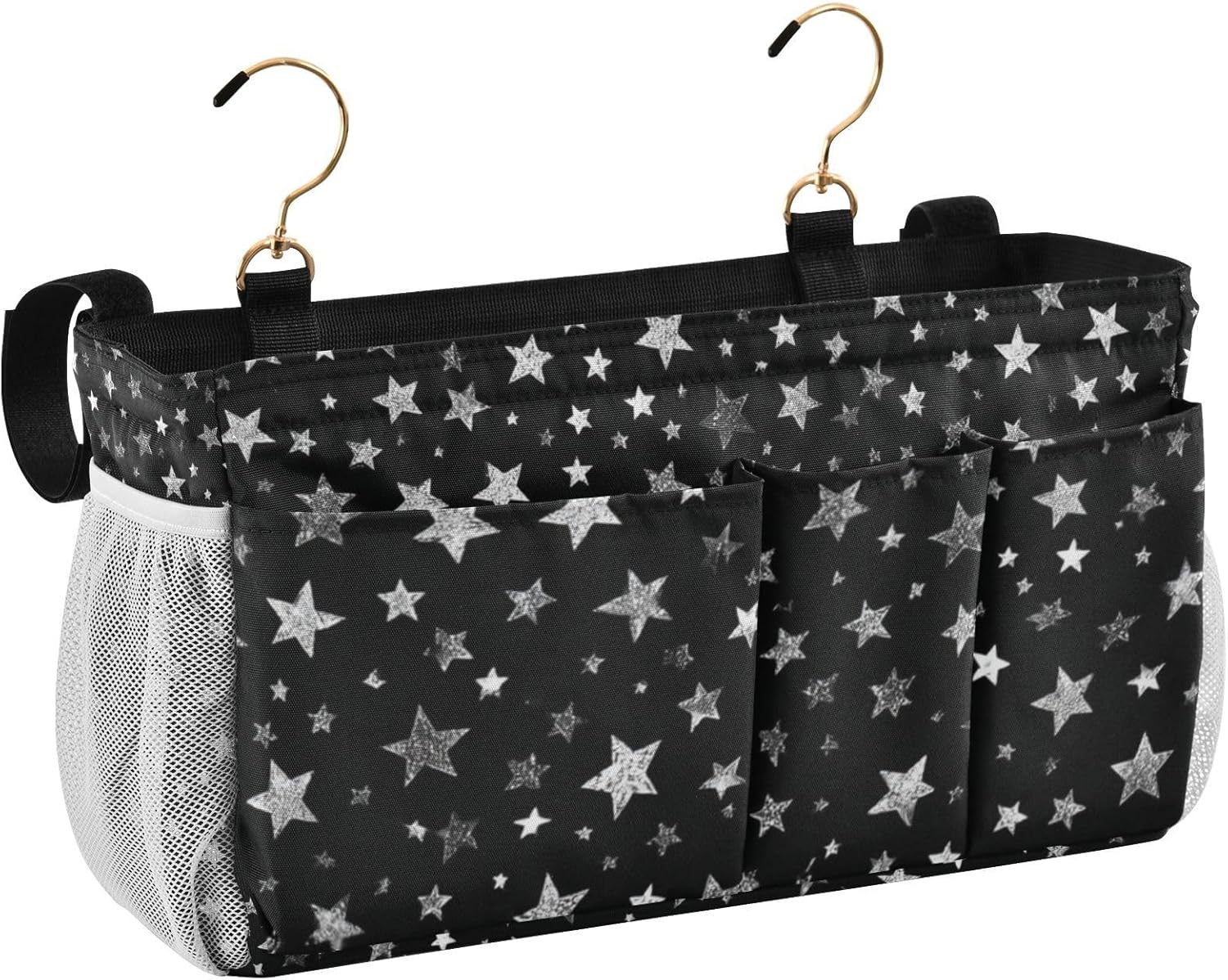 Sparkly Silver Stars Bedside Caddy for Dorm Bed Bedside Hanging Caddy Bag Iron Frame Storage Organizer Pocket for Bunk Home College Hospital Beds 2 Hooks