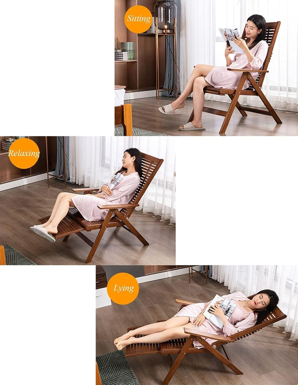 Rattan Recliner Chair Folding Lounge Cotton Cushion with Retractable Footrest Adjustable Indoor Outdoor(Grey2)
