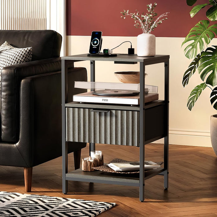 Bonnlo Fluted Nightstand Set of 2, End Table with Fabric Drawer with Charging Station, Night Stand with Storage Shelf & Handle, Fluted Side Table for Bedroom/Living Room,Grey