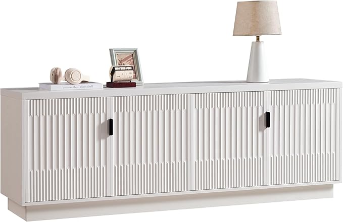 68" TV Stand for 75Inch TV, Entertainment Center with Storage and Adjustable Shelves, Modern Wood Media Console with 4 Fluted Doors for Living Room, White, Set of 2