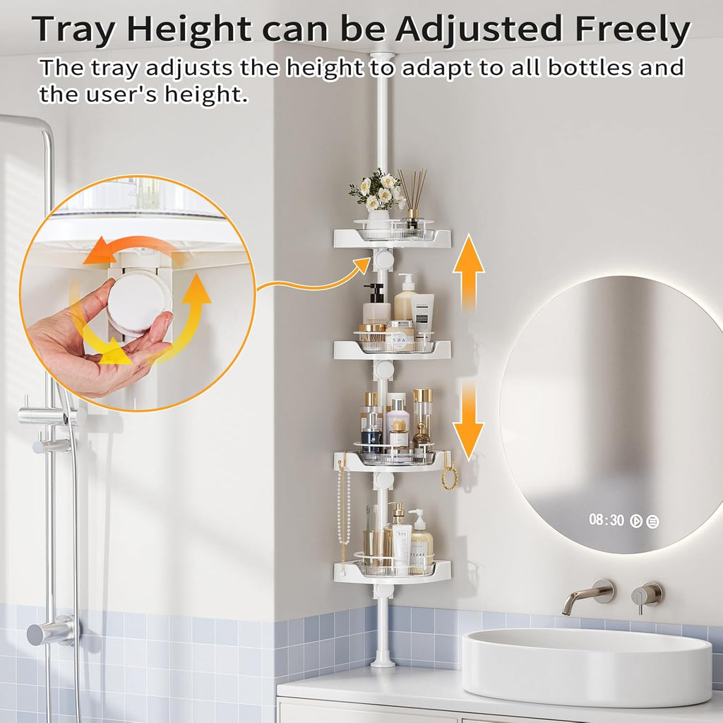 360° Rotating Corner Shower Caddy Tension Pole Organizer - 4-Tier Adjustable Rustproof Metal Pole, Plastic Shelves with Safety Guardrail, Bathroom Storage for Shower & Bathtub(White)