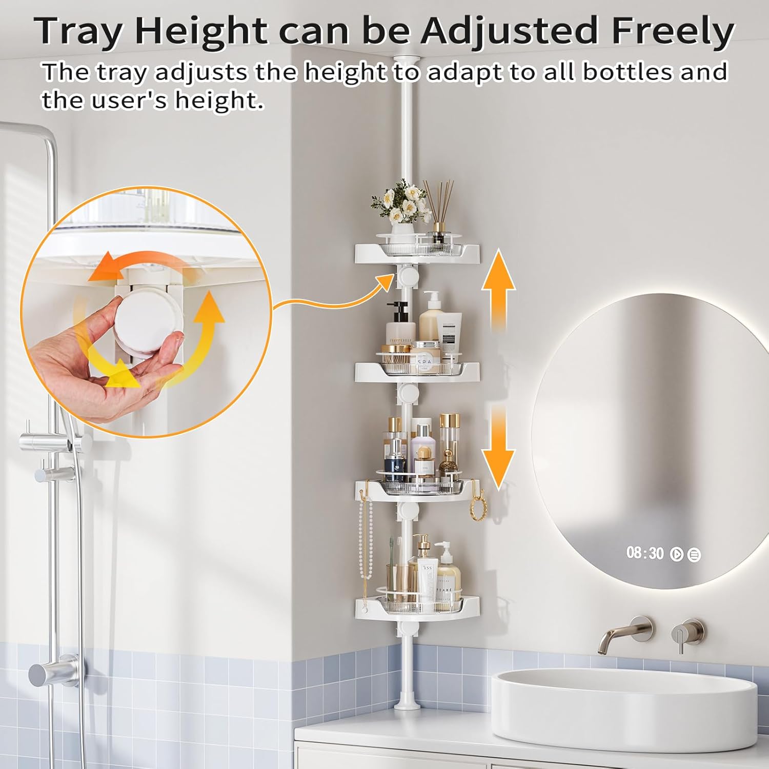 360° Rotating Corner Shower Caddy Tension Pole Organizer - 4-Tier Adjustable Rustproof Metal Pole, Plastic Shelves with Safety Guardrail, Bathroom Storage for Shower & Bathtub(White)