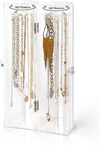 Acrylic Necklace Holder, Clear Necklace Organizer with 24 Hooks, Dustproof Rotation Jewelry Storage Holder Stand, Long Necklaces Pendant Bracelets Display Case for Dresser Bathroom Vanity Countertop
