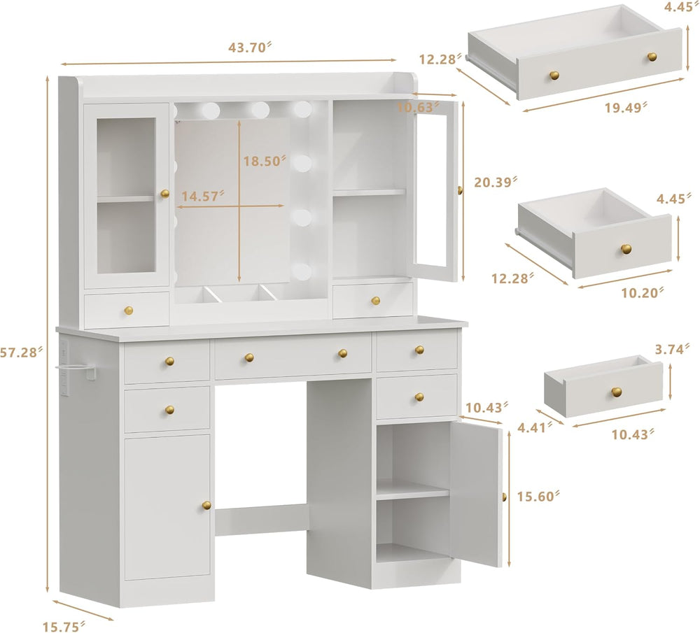 HUANLEGO White Vanity Desk with Mirror and Lights for Girls Women