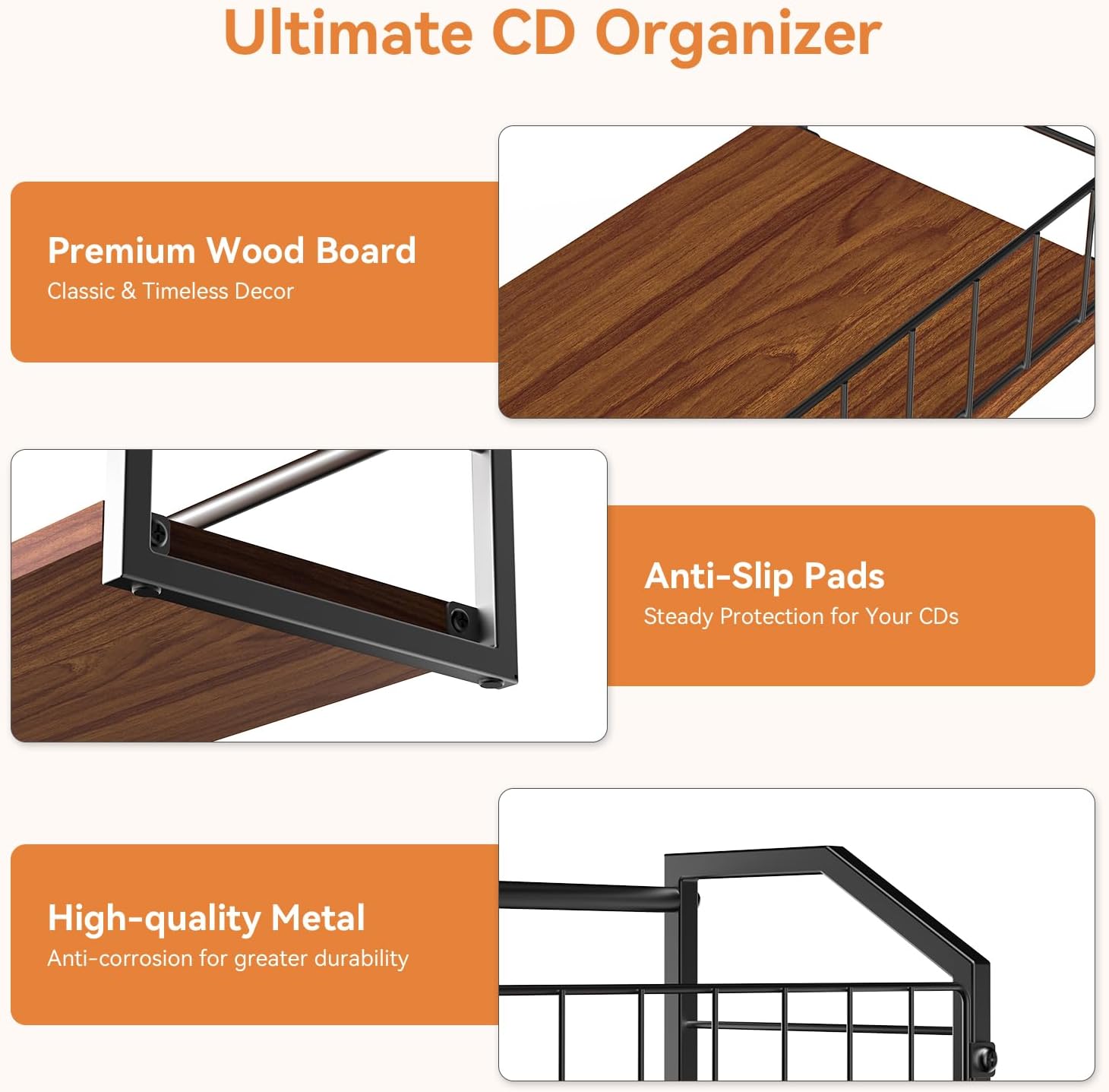 2-Tier CD Holder, CD Storage Rack for Display, CD Organizer with Rubber Feet, Stores Up to 60 CDs for Shelf Storage and Organization, for Music Enthusiasts and Collector Walnut