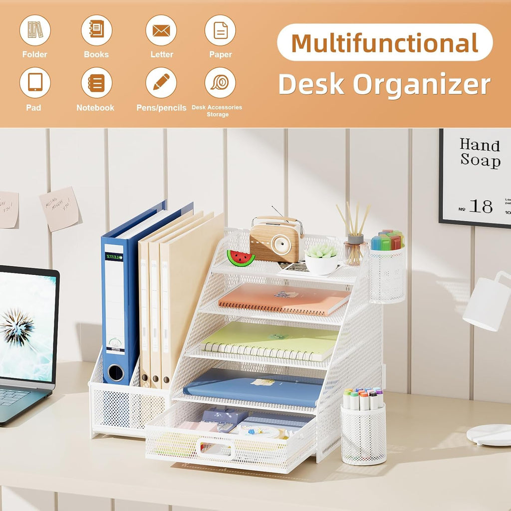 Marbrasse Desk Organizer with File Holder, 5-Tier Paper Letter Tray Organizer with Drawer and 2 Pen Holder,Mesh Desk Organizers and Accessories,Desktop Organizer and Storage for Office Supplies(White)