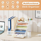 Marbrasse Desk Organizer with File Holder, 5-Tier Paper Letter Tray Organizer with Drawer and 2 Pen Holder,Mesh Desk Organizers and Accessories,Desktop Organizer and Storage for Office Supplies(White)
