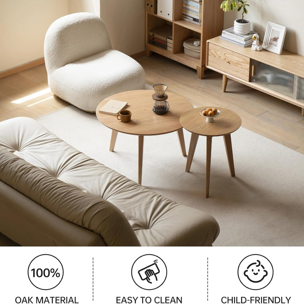 100% Solid Oak Wood Mini Coffee Table, Round Cofffe Tables Side Table w/Solid...