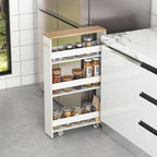 MAT EXPERT Slim Rolling Storage Cart, 4-Tier Freestanding Slim Storage Cart with Wheels 360 Degree & Metal Handle, Wooden Utility Cart for Narrow Kitchen, Laundry Room, Bathroom (White + Natural)