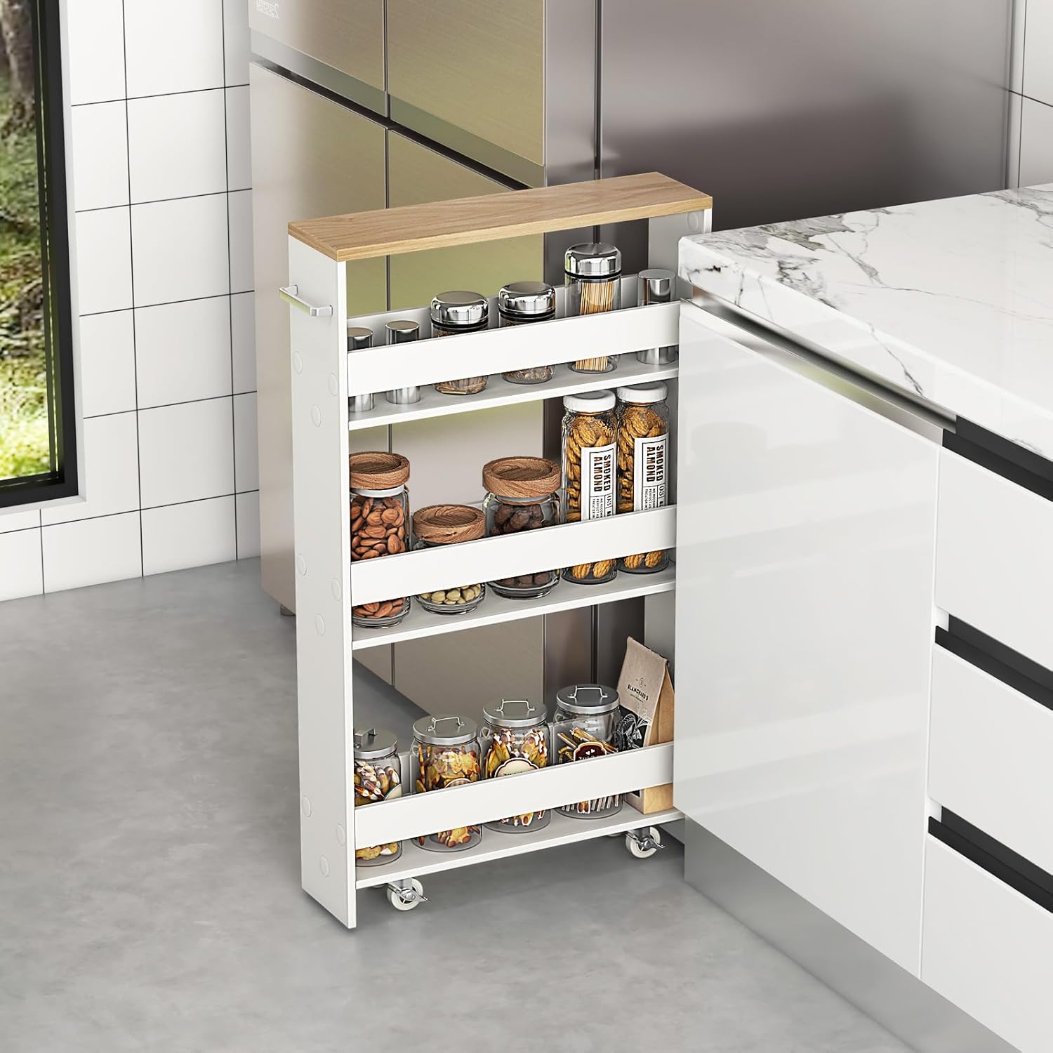 MAT EXPERT Slim Rolling Storage Cart, 4-Tier Freestanding Slim Storage Cart with Wheels 360 Degree & Metal Handle, Wooden Utility Cart for Narrow Kitchen, Laundry Room, Bathroom (White + Natural)