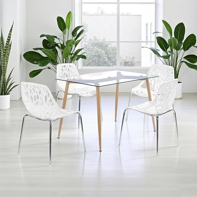 Karl home Mid Century Modern Dining Chairs Set of 4, Stackable Plastic Chair, Bird's Nest Trunk Pattern Suitable for Kitchen, Dining, Bedroom, Living Room,350lbs Capacity(White)