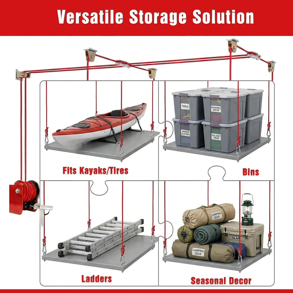 Overhead Garage Storage Lift Hoist, 400 lbs Ceiling Garage Hoist System with Hand Crank, Heavy Duty Double Rope Pulley Lift, Adjustable Garage Organizer for Bikes, Kayaks & Storage Bins (No Platform)
